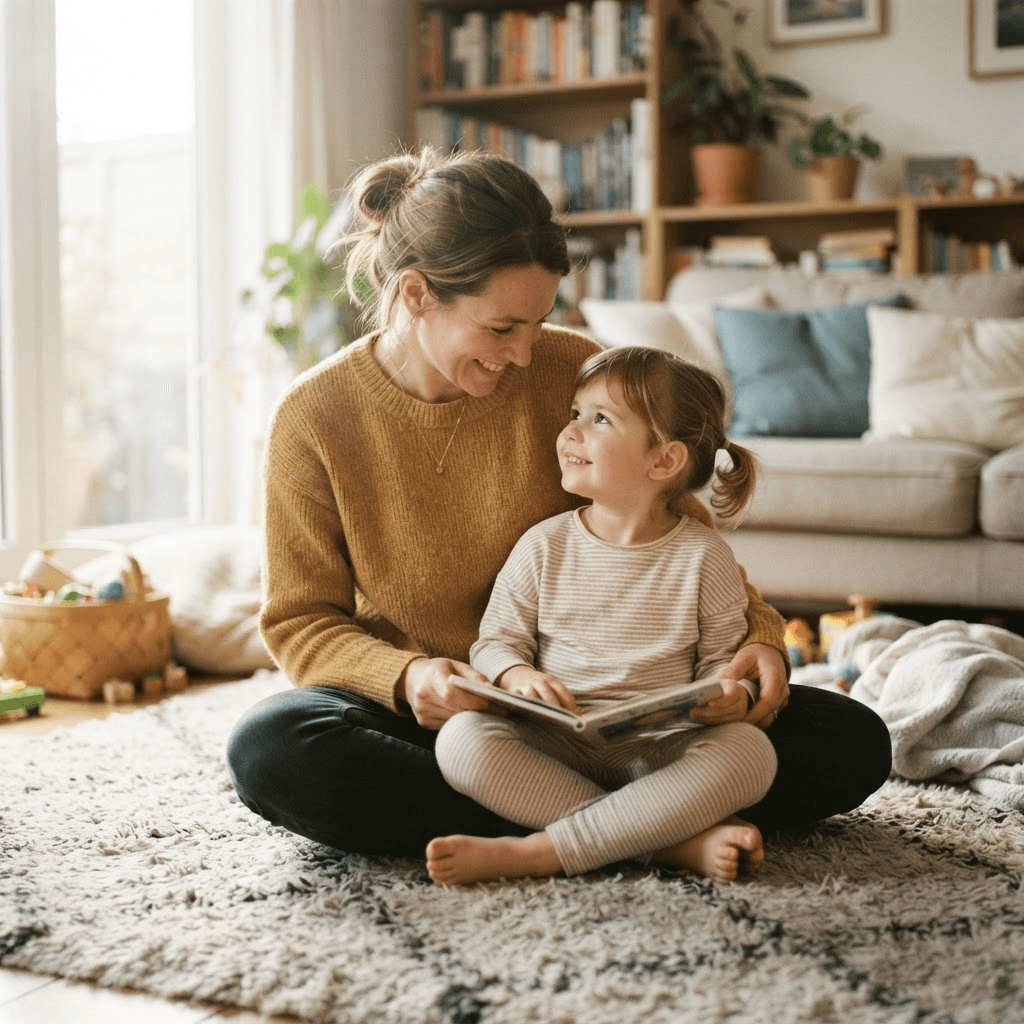 A parent and young child sitting together at home