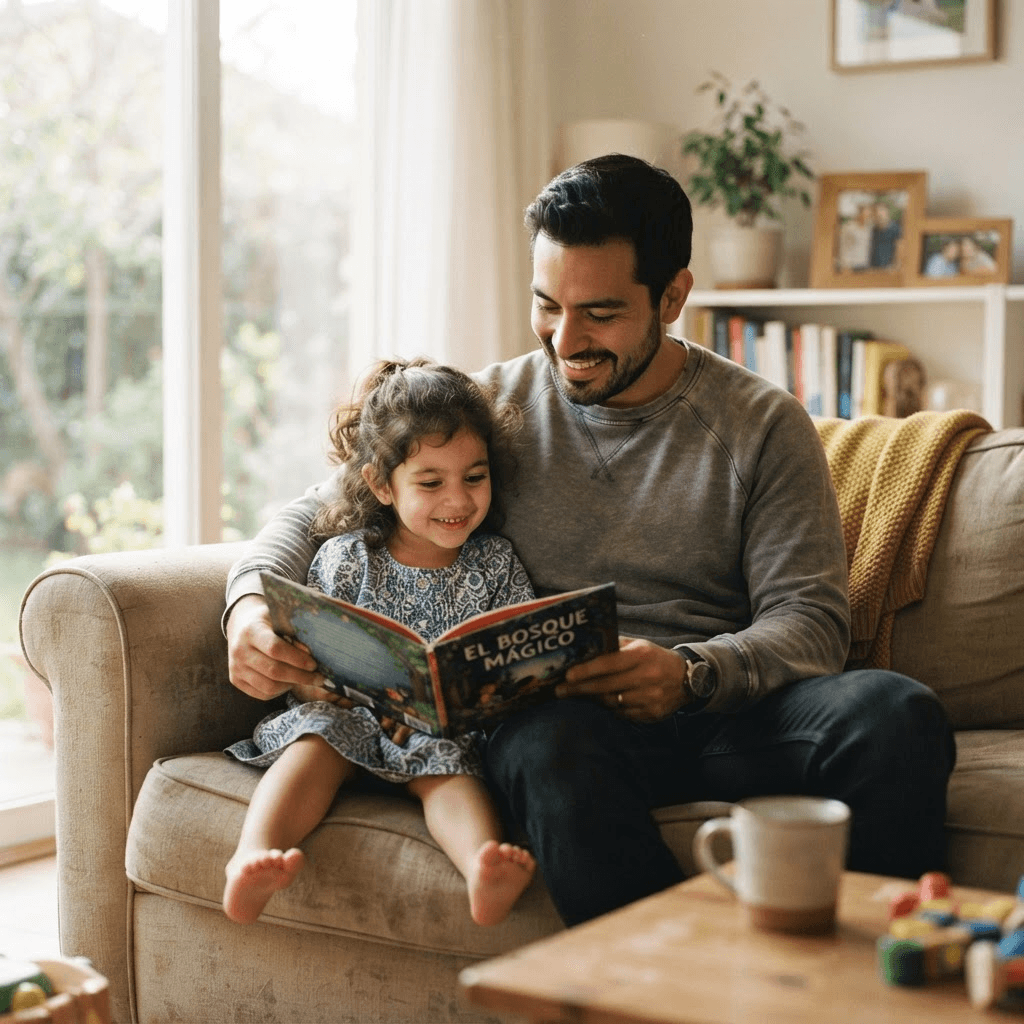 A father reading a picture book with his young child at home